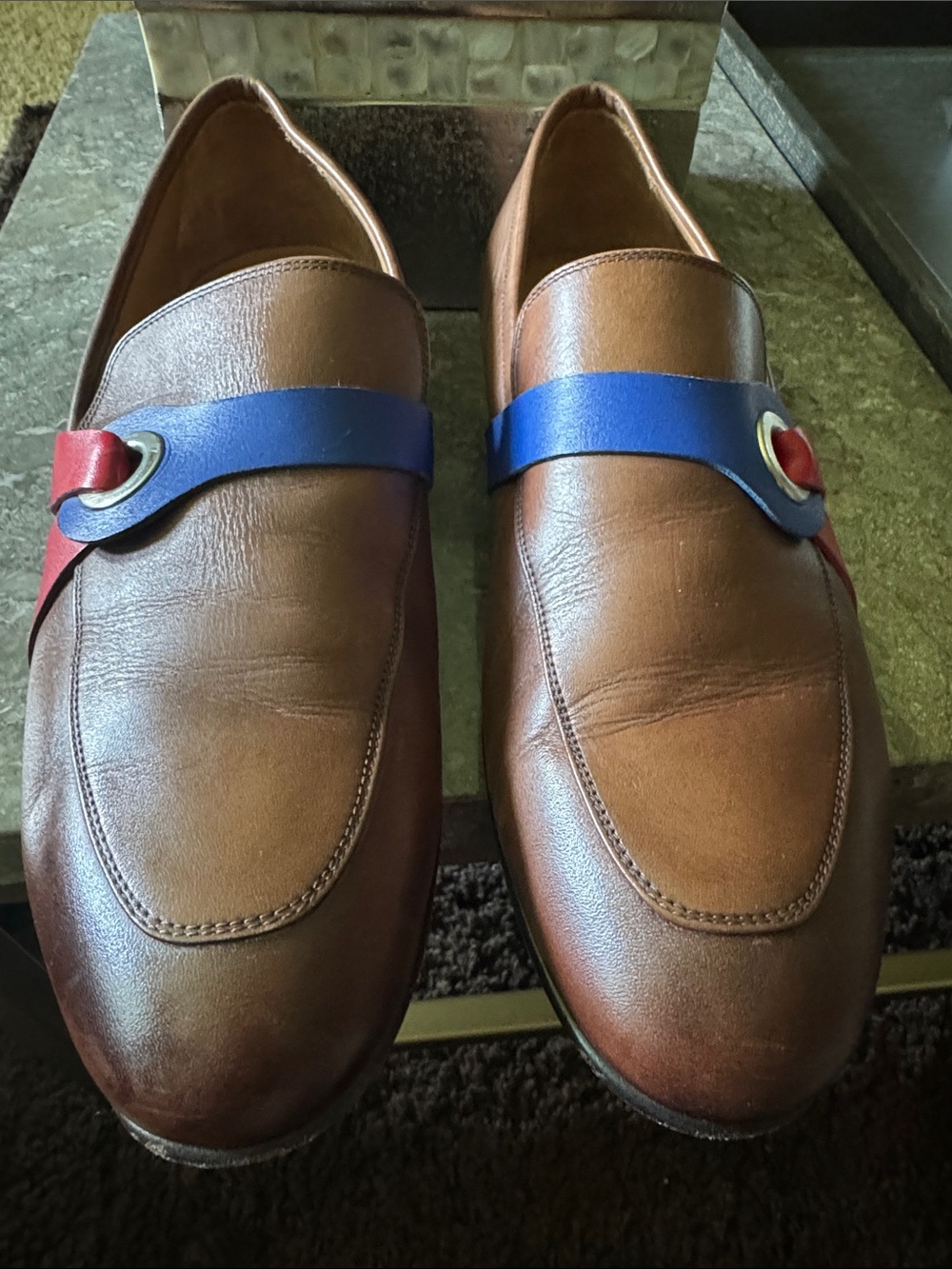 Men's Brown Leather Slip-On Loafers with Blue and Red Strap